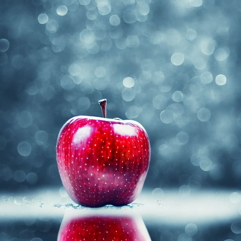 Red apple with water droplets on shiny surface, blue bokeh background