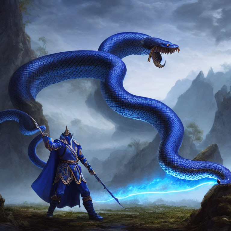 Blue-armored knight confronts giant serpent in rocky landscape with crackling magic energy