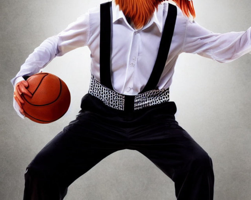 Person in Rooster Mask Plays Basketball with Two Balls