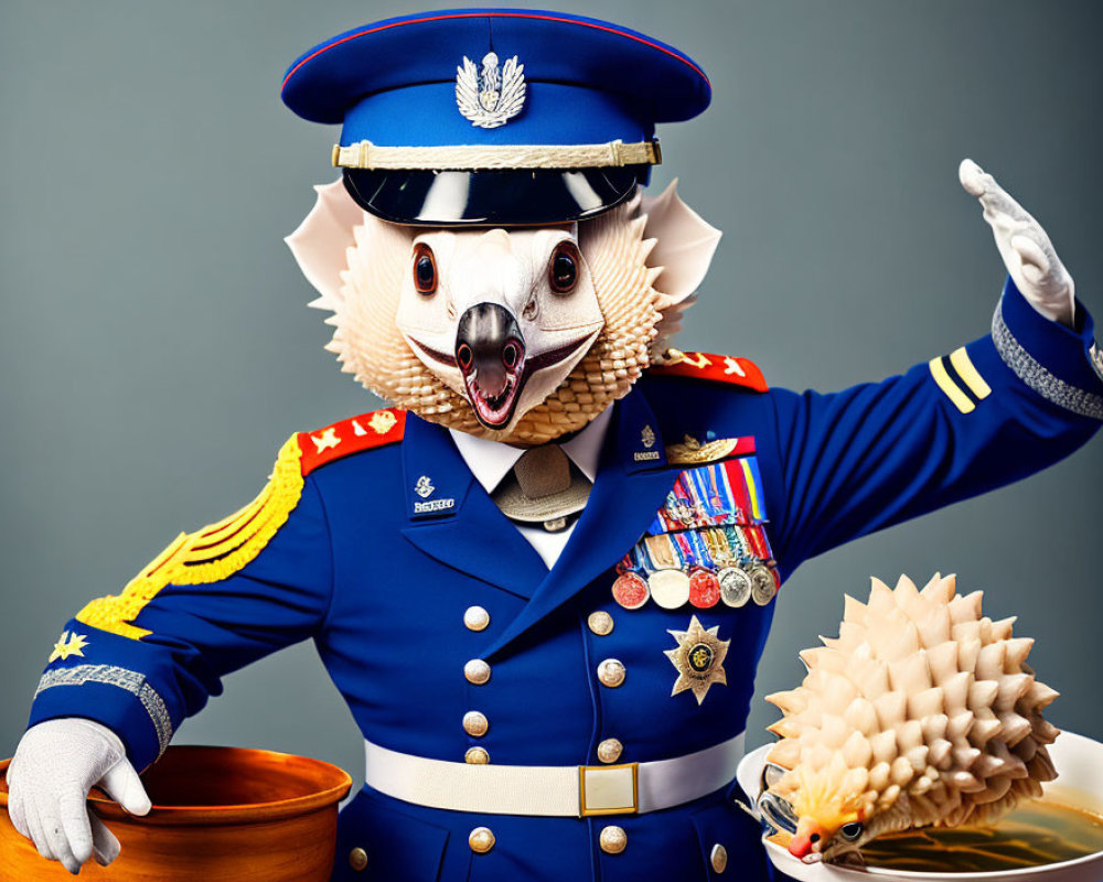 Whimsical hedgehog officer with medals saluting, accompanied by smaller hedgehog