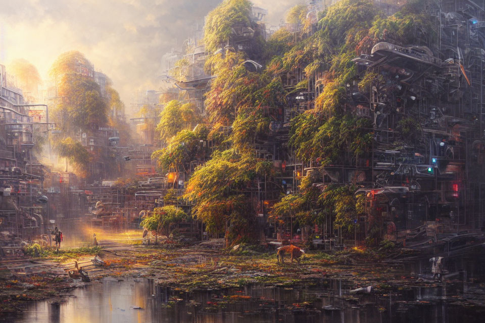 Dystopian cityscape with overgrown foliage and lone horse at sunrise