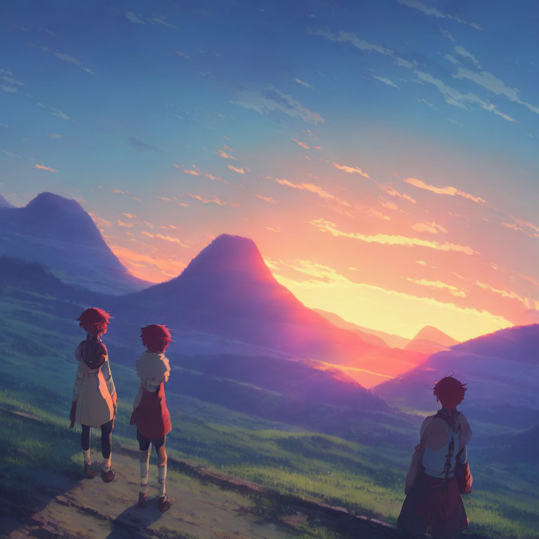 Three animated characters admire sunset over mountains on grassy hill