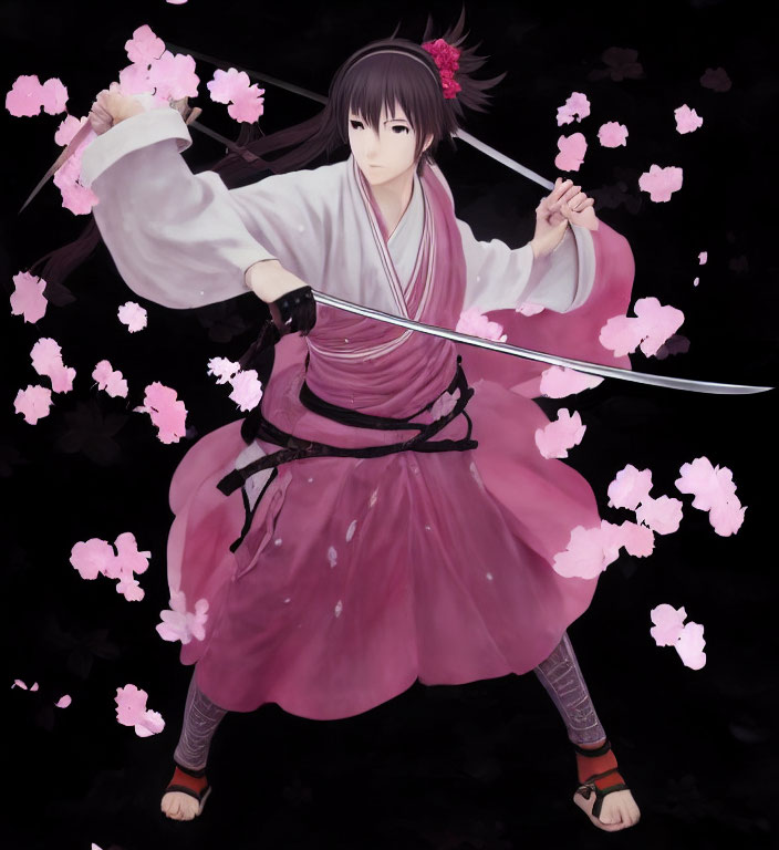 Animated character in traditional attire wields sword among falling pink petals
