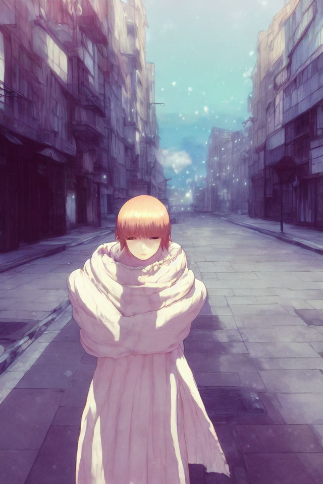 Solitary figure in cozy scarf on snowy city street surrounded by tall buildings
