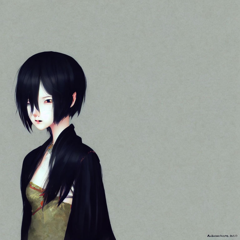 Digital Artwork: Pensive Girl with Black Hair and Dark Shawl