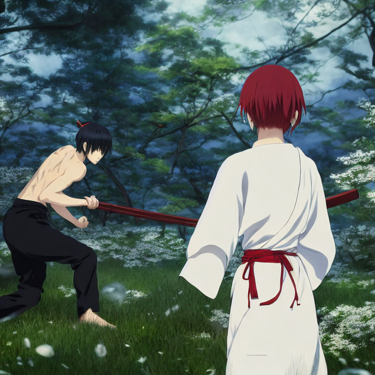Red-haired and black-haired animated characters sword fight in flower-filled forest.