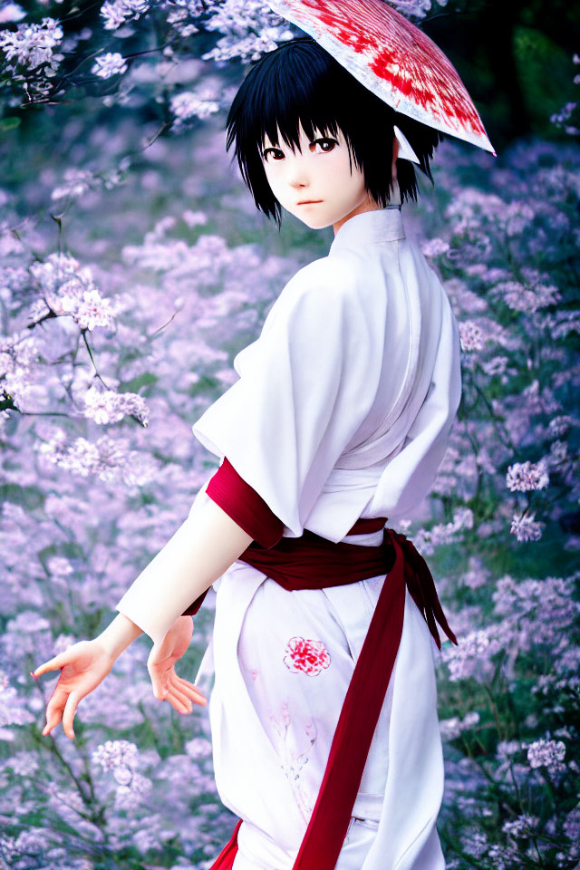 Person in Traditional Japanese Attire Amid Cherry Blossoms