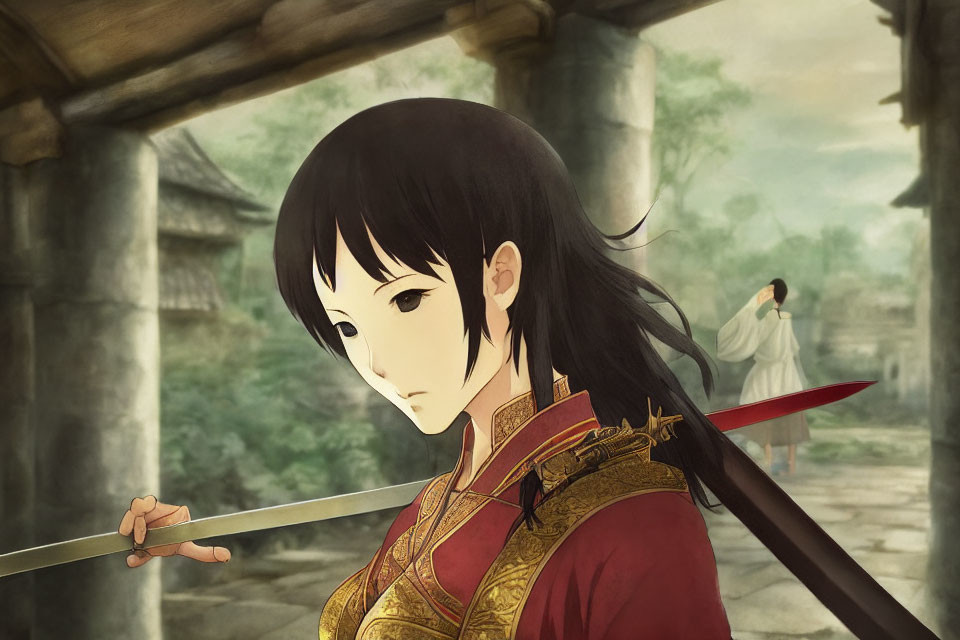 Female anime character with sword in red and gold traditional outfit in serene historical setting with columns and foliage.
