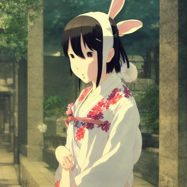 Traditional attire girl with floral pattern and rabbit ears by stone lantern in serene green setting