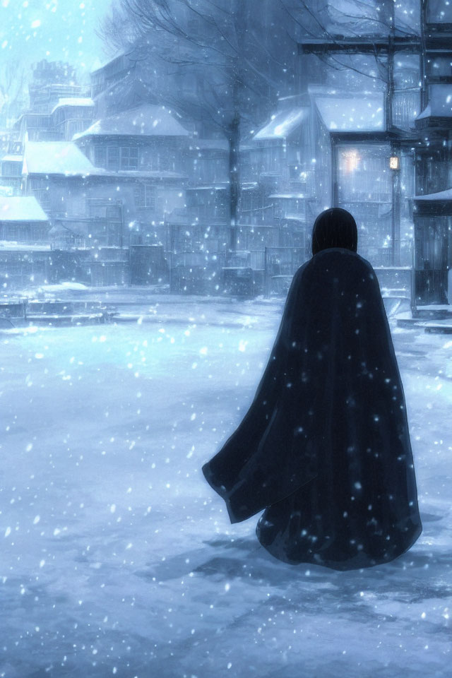 Cloaked figure in snowy street at night with falling snowflakes