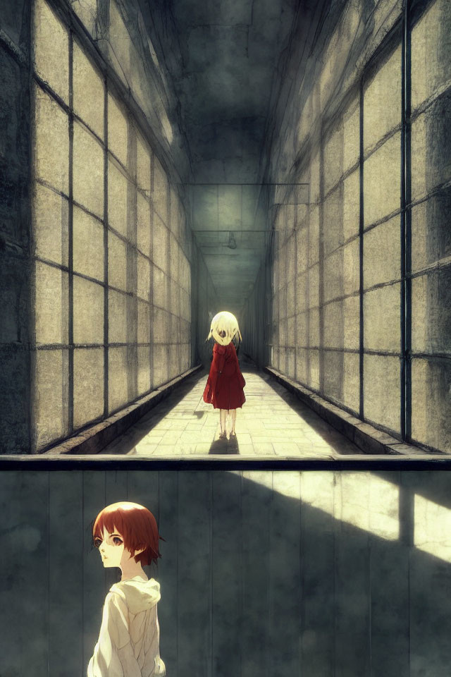 Two girls in red dresses in dimly lit corridor surrounded by tall walls