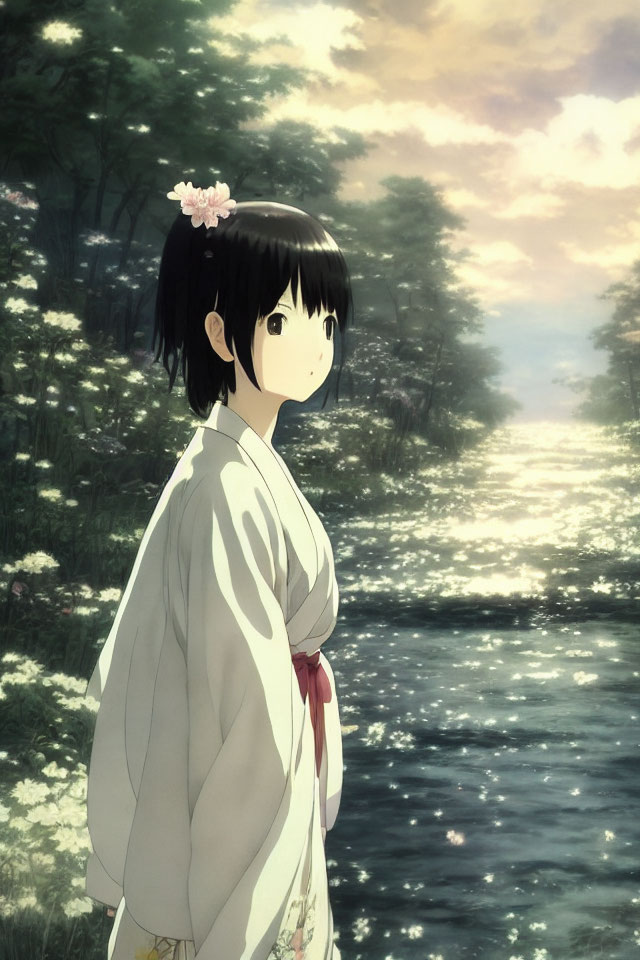 Anime girl in kimono by sparkling river in mystical forest