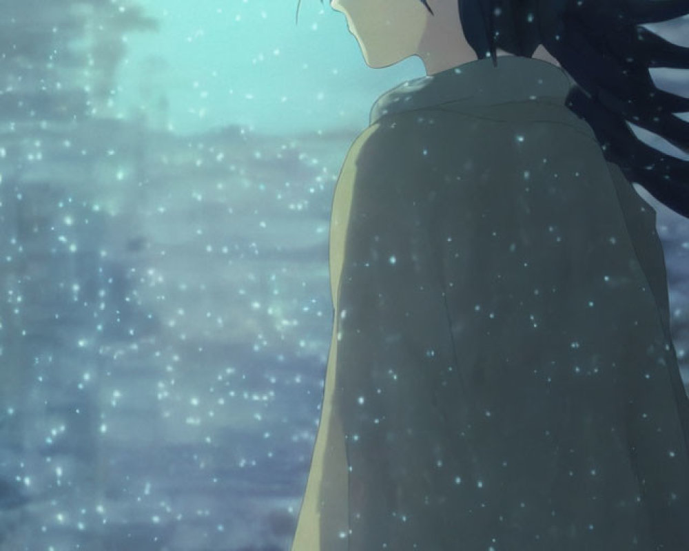 Melancholic anime girl in beige coat gazes at snowy landscape