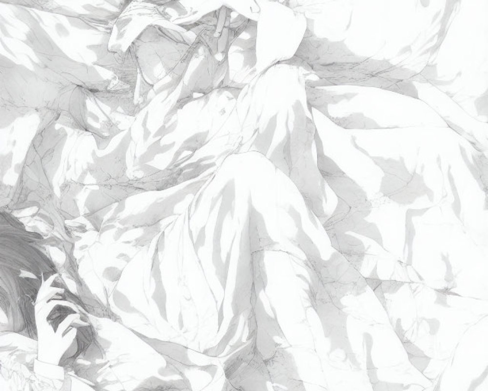 Monochrome artwork of contemplative person lying in bed with long hair.