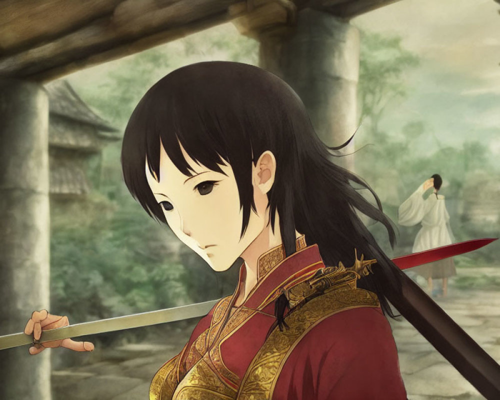 Female anime character with sword in red and gold traditional outfit in serene historical setting with columns and foliage.