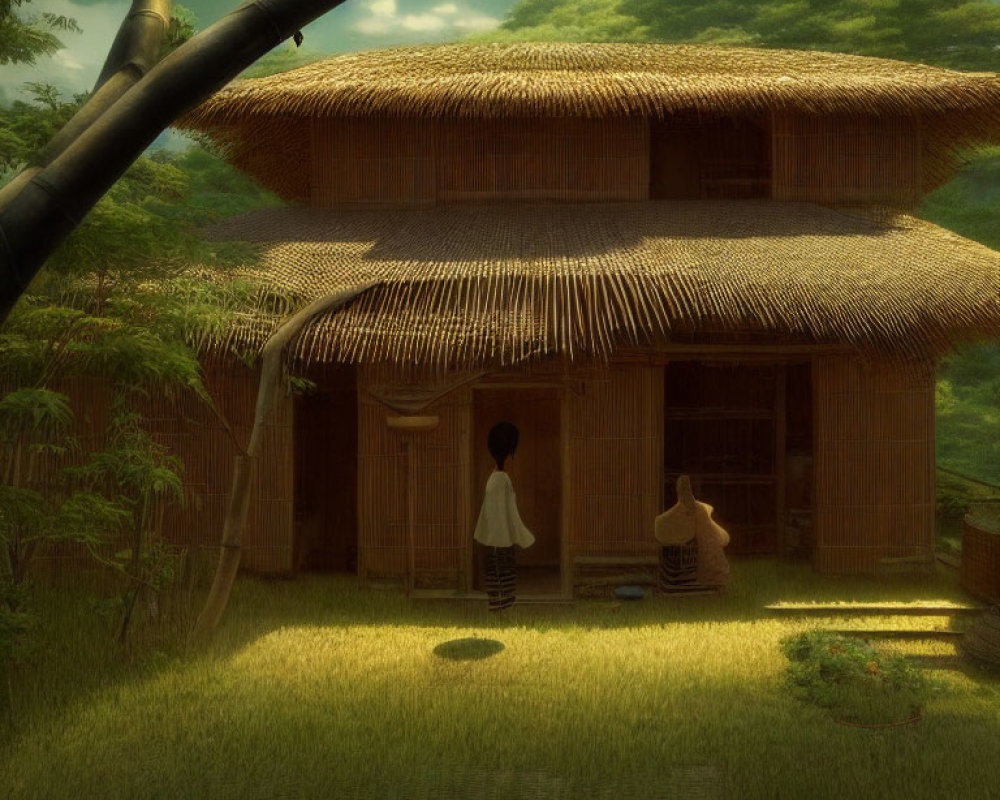 Traditional thatched-roof house with two people in lush green setting