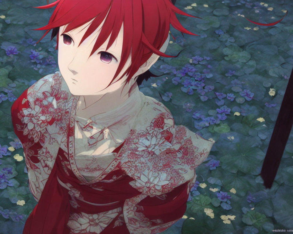 Anime character with red hair and purple eyes in kimono surrounded by purple flowers