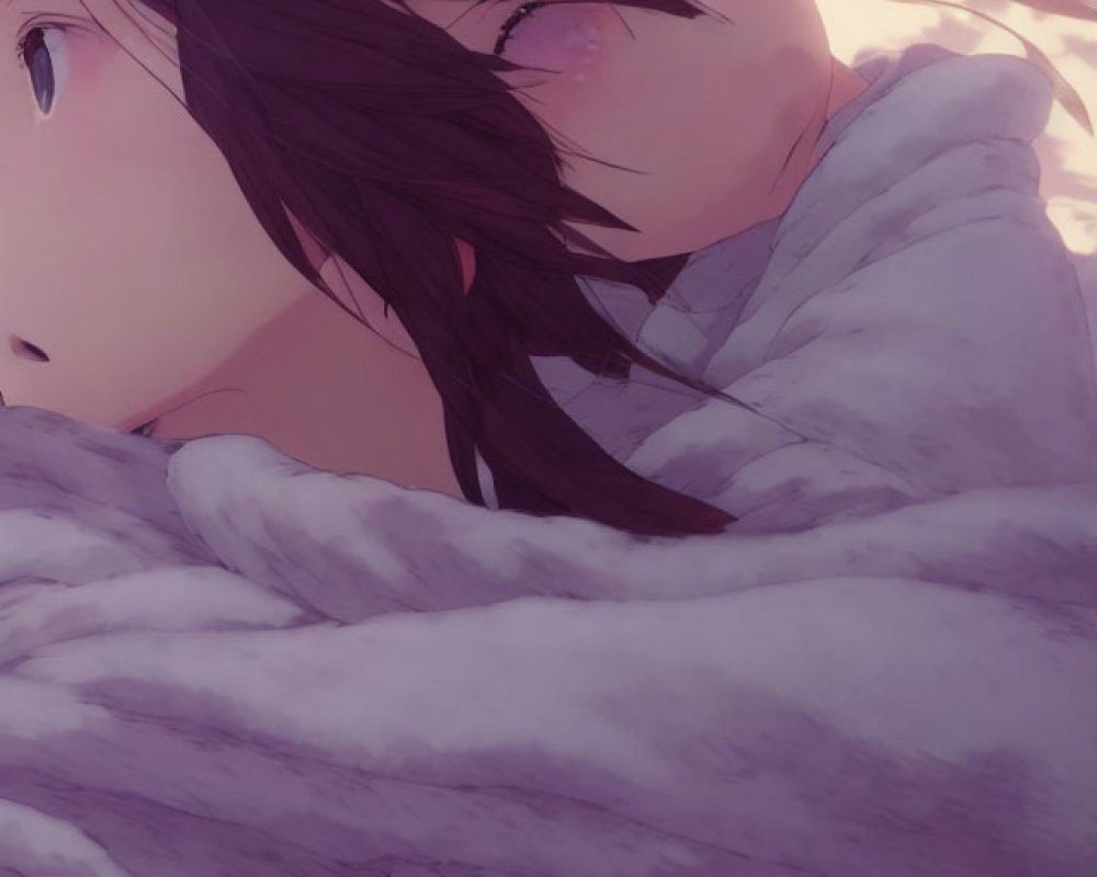 Detailed close-up illustration of girl in blanket against pinkish-purple sky
