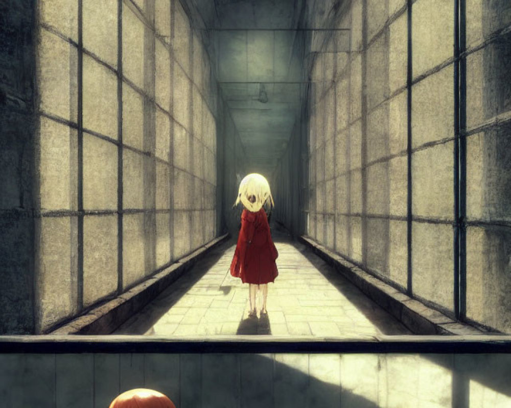 Two girls in red dresses in dimly lit corridor surrounded by tall walls