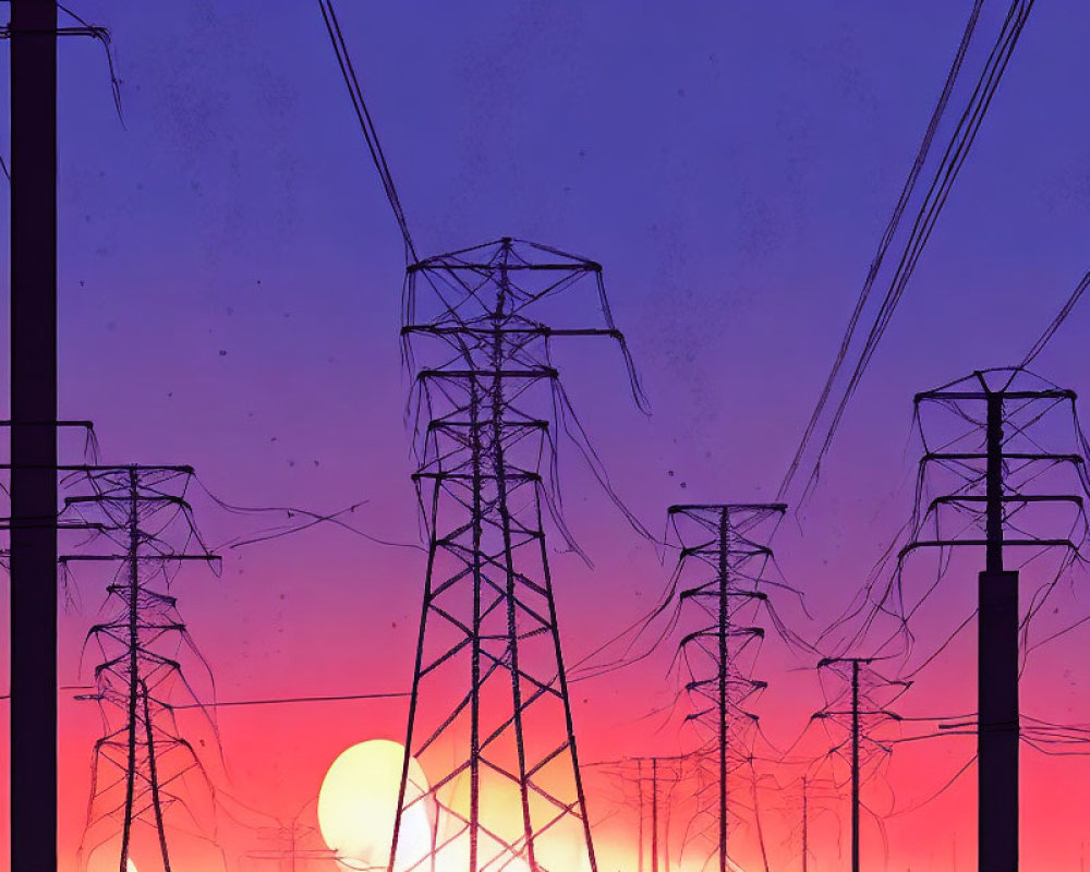 Vivid sunset or sunrise sky with power lines and pylons.