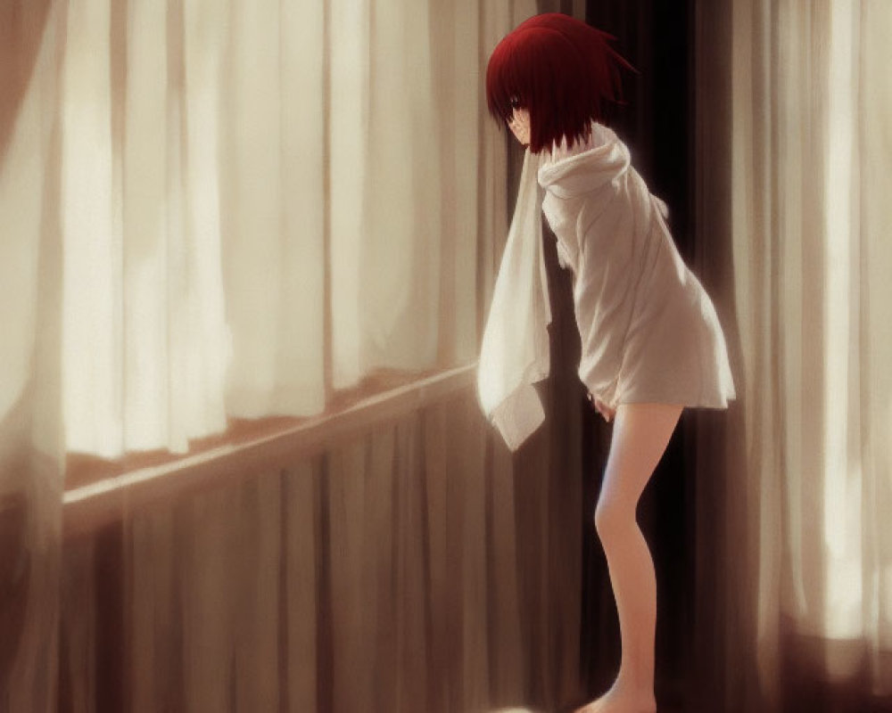 Red-haired person with red eyes gazing out a window in dimly lit room