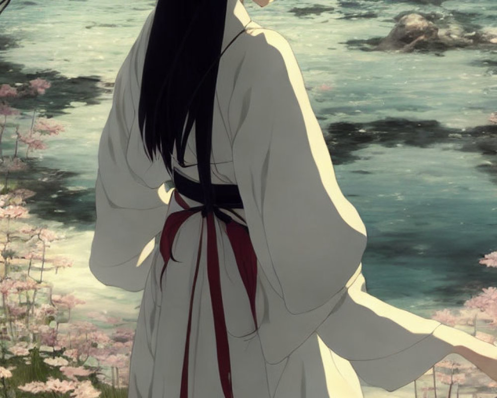 Tranquil anime scene with girl in traditional attire by river