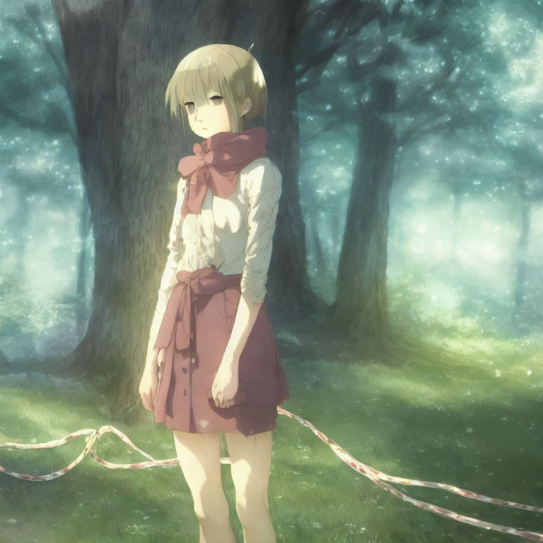 Young animated girl with short hair in sunlit forest holding red ribbon