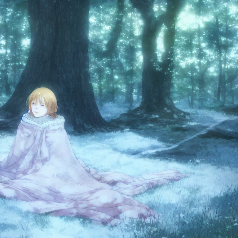 Anime character in pink blanket in mystical forest with sunlight.