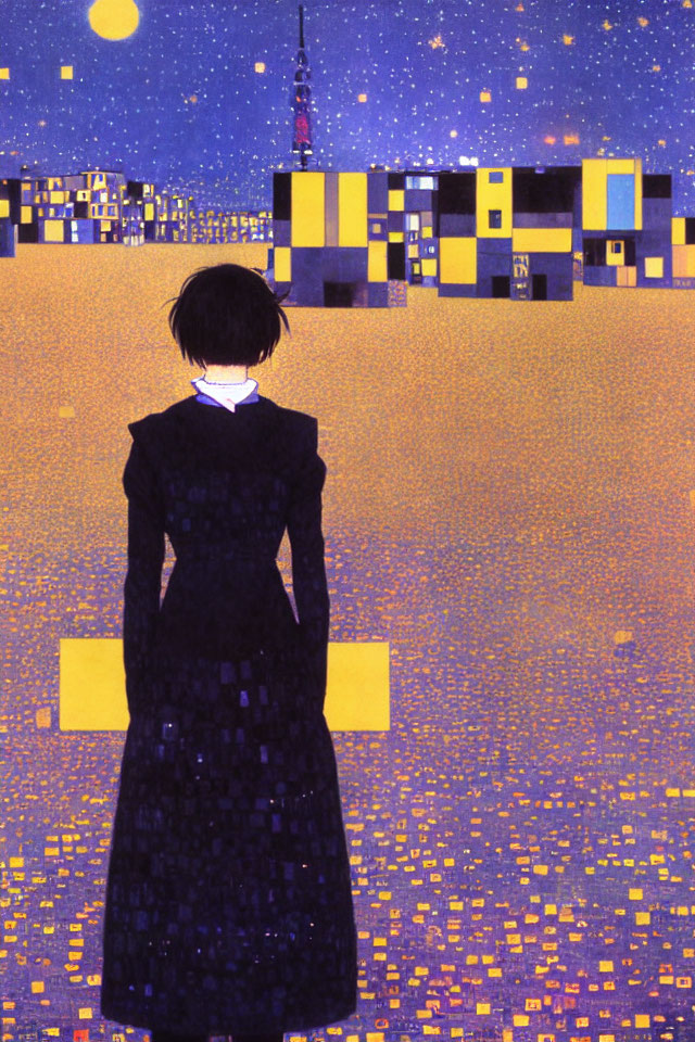 Starry night cityscape with person holding yellow briefcase