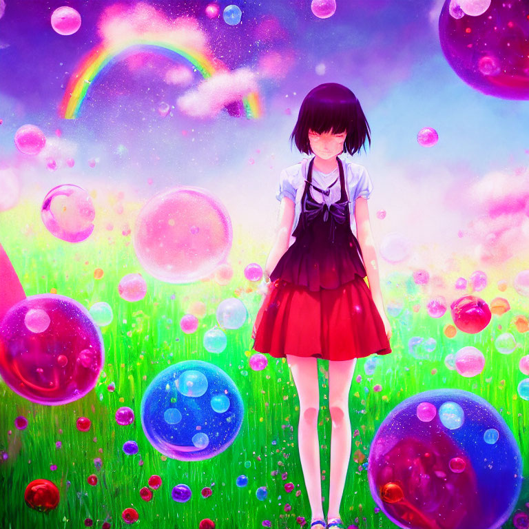 Colorful illustration of girl in red skirt under rainbow