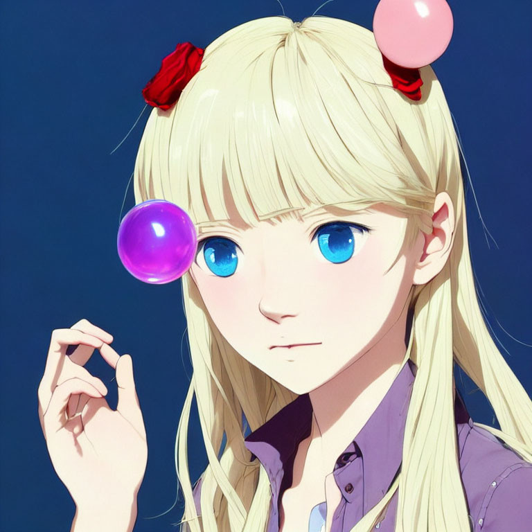 Blond-Haired Girl Blowing Bubblegum Bubble with Blue Eyes