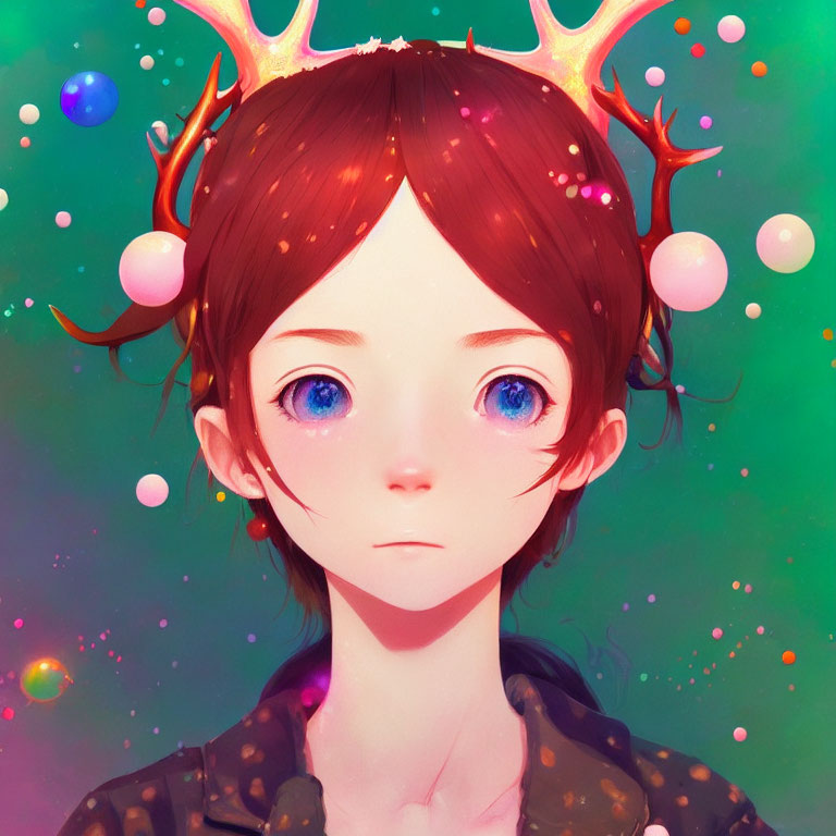 Colorful digital art portrait of a young individual with antlers and blue eyes