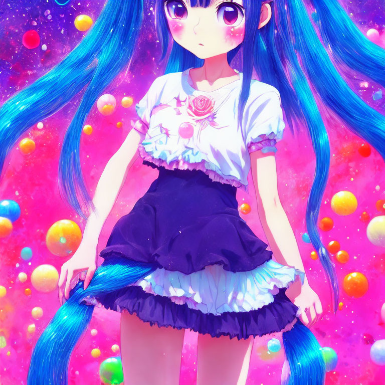 Blue-haired anime girl in white and navy dress on pink background with orbs
