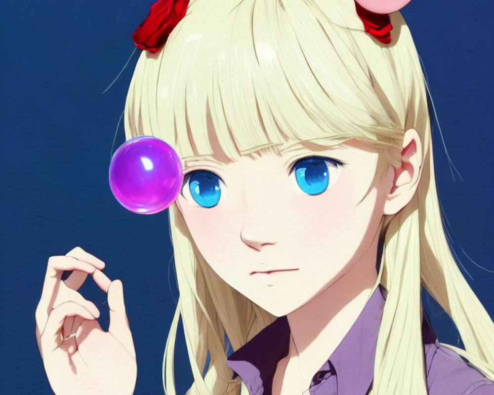 Blond-Haired Girl Blowing Bubblegum Bubble with Blue Eyes