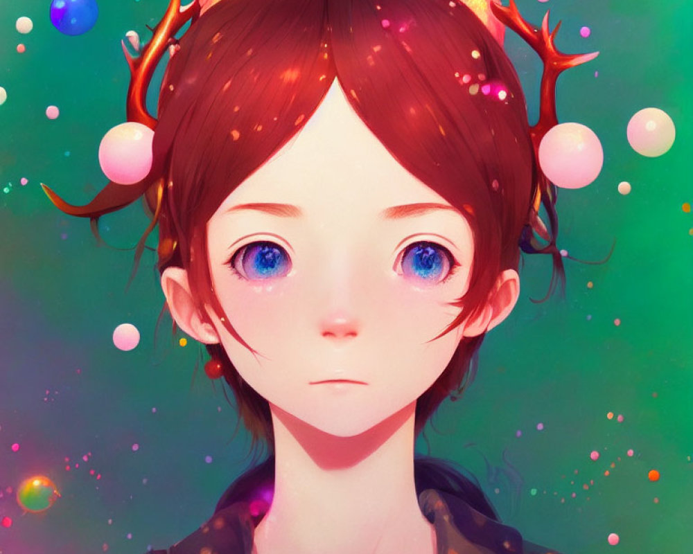 Colorful digital art portrait of a young individual with antlers and blue eyes