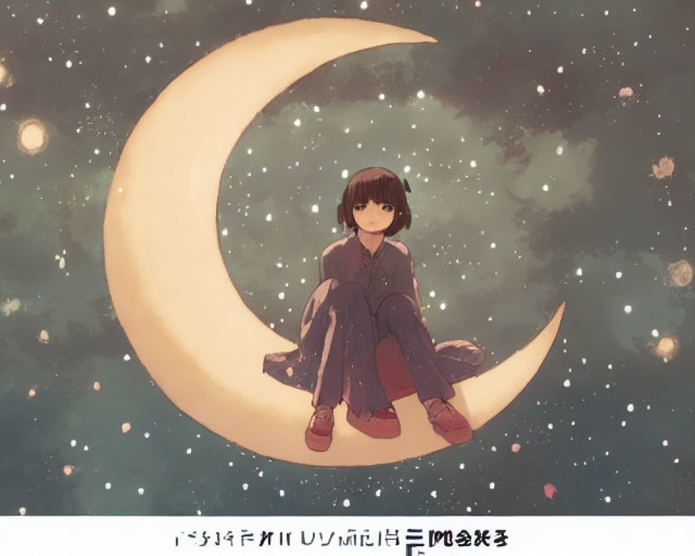 Illustration of girl on crescent moon in starry sky