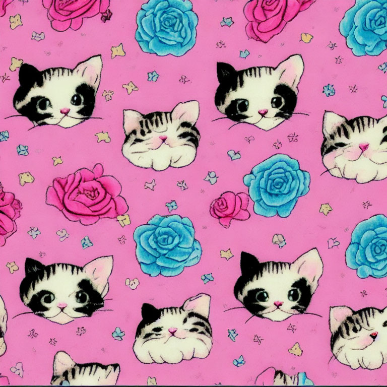 Cartoon Kittens and Roses Patterned Fabric on Pink Background