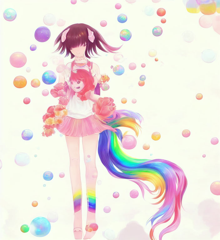 Colorful artwork featuring girl with rainbow hair and doll amidst soap bubbles