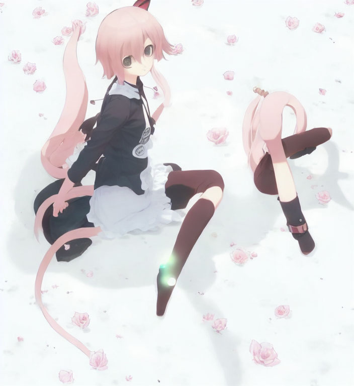 Anime-style artwork of two pink-haired girls with animal-like features in a flower bed.