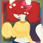 Anime-style illustration: Red-haired girl with fox ears, white shirt, blue skirt, holding fluffy yellow