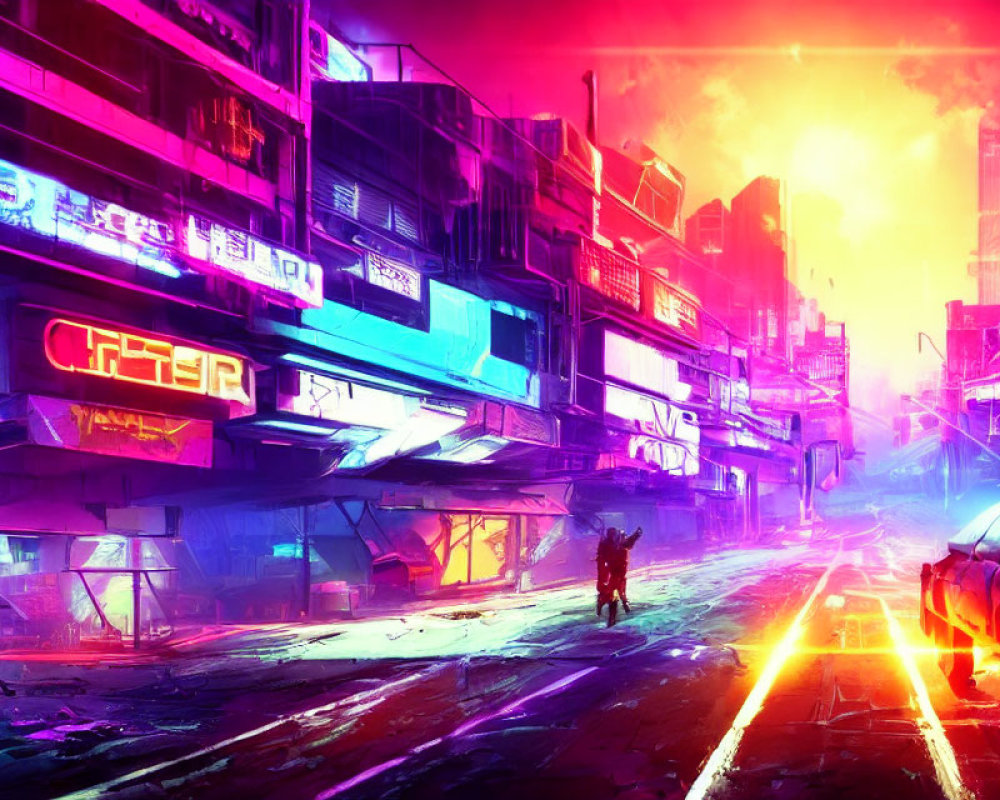 Vibrant cyberpunk cityscape with neon signs and silhouetted figure at dusk