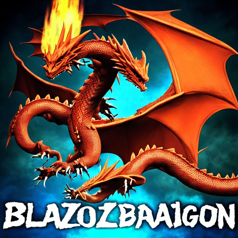 Multi-headed dragon breathing fire on vibrant blue background with text "BLAZOZBAAIGON