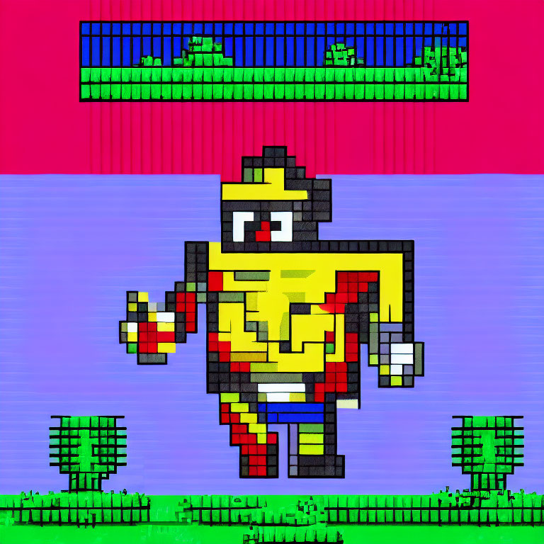 Colorful Pixel Art of Iron Man-Like Character in Retro Video Game Setting