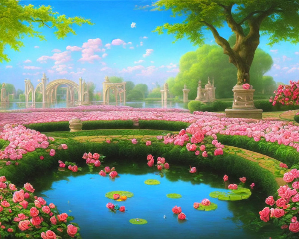 Tranquil garden with pond, pink roses, statues, and arching bridges