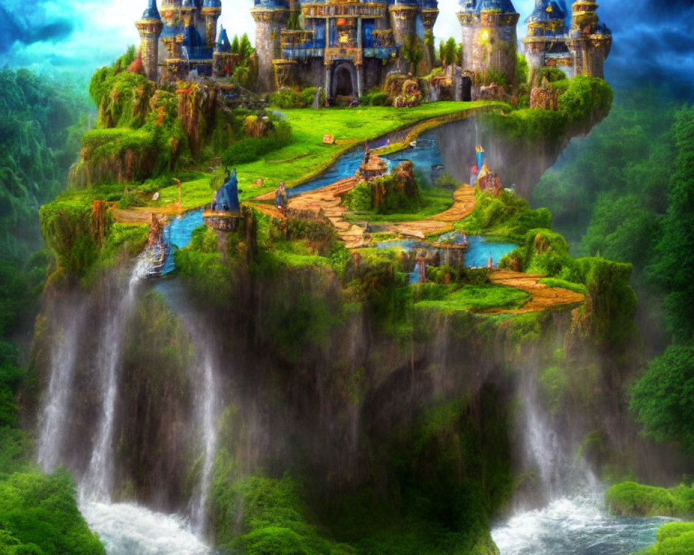 Majestic castle on floating islands above waterfalls