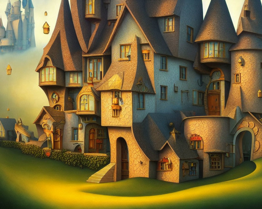 Illustration of Multi-Towered Fairy-Tale Castle in Rolling Landscape