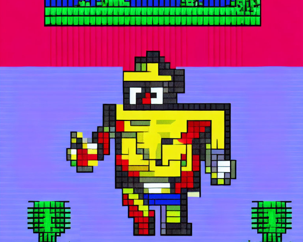 Colorful Pixel Art of Iron Man-Like Character in Retro Video Game Setting