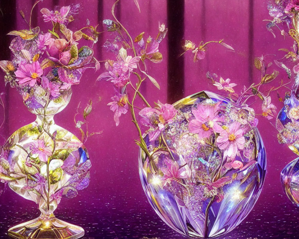 Artificial purple and pink flowers in clear vases on pink backdrop with magical sparkle