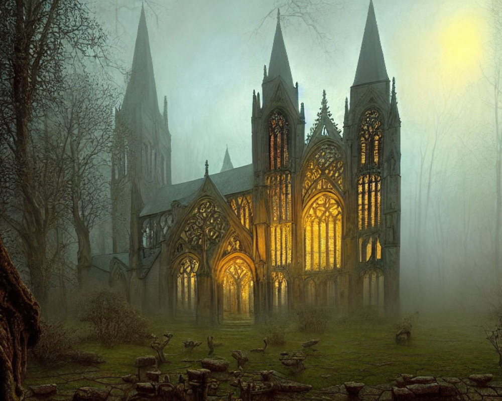 Gothic cathedral in foggy forest with tombstones