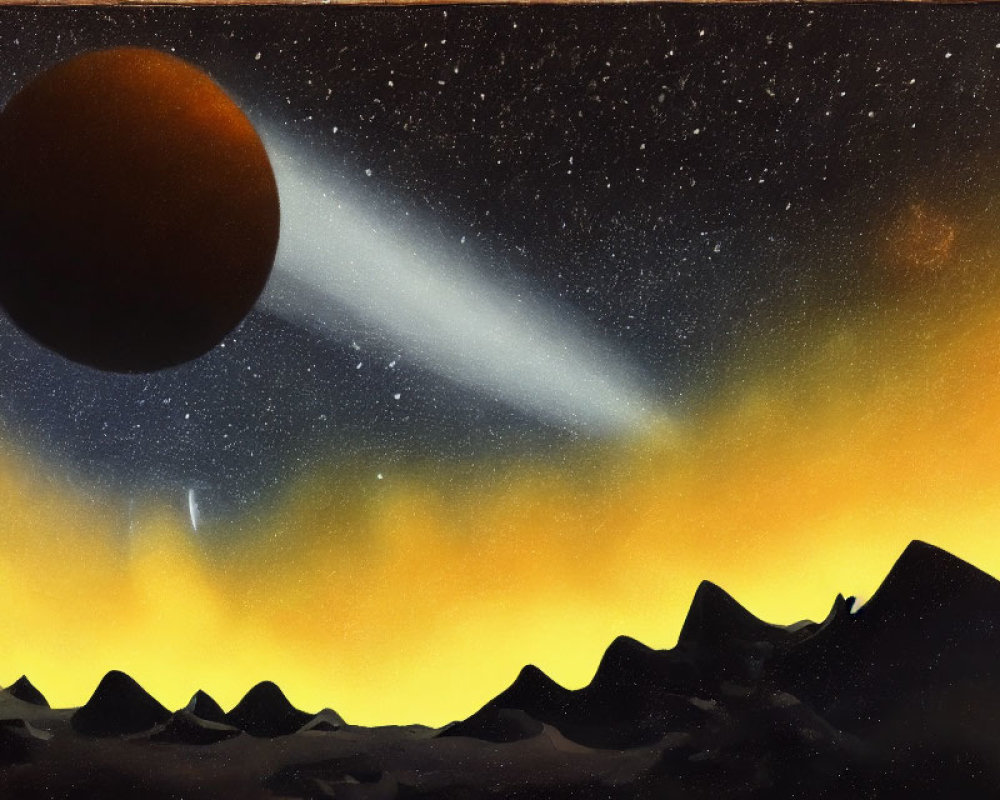 Dark planet, comet, and nebula in space art scene